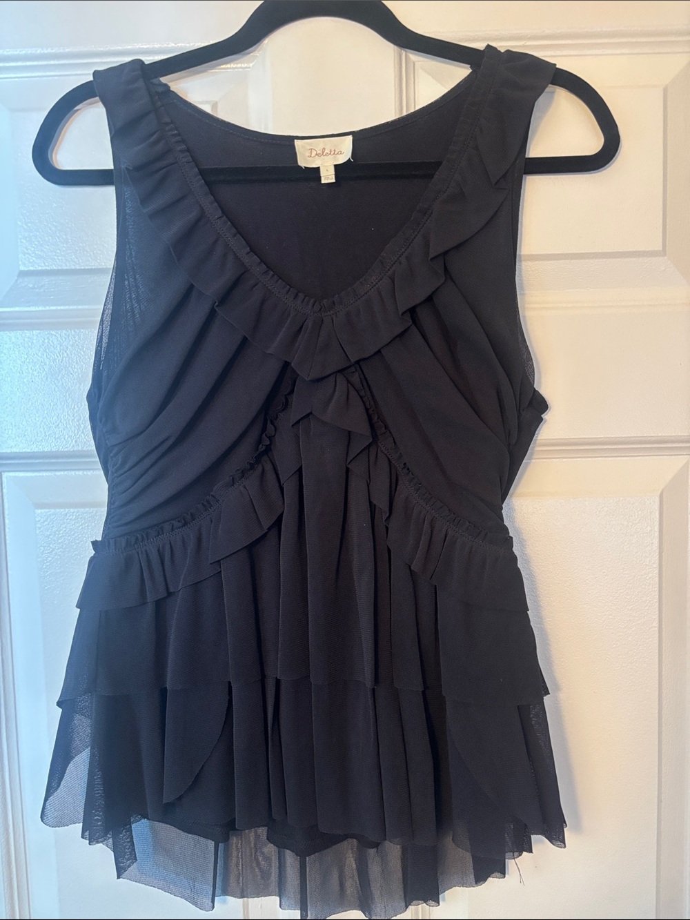 Deletta Black Ruffle Chiffon Mesh Layered Camisole Top